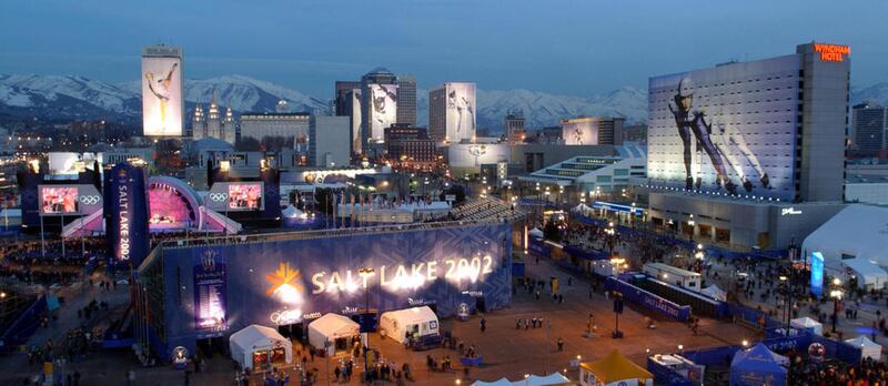 The Salt Lake City skyline during the 2002 Olympics.