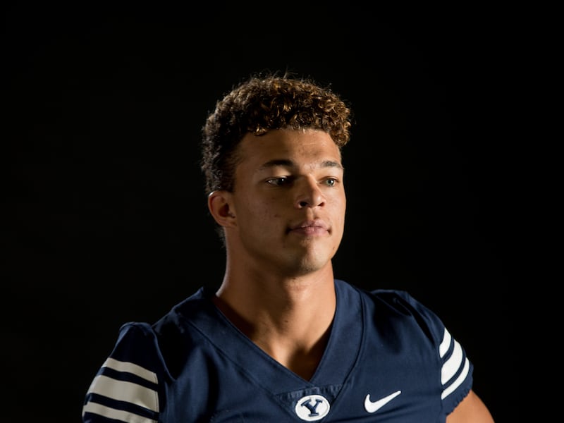 Quarterback Jaren Hall poses for a photo at BYU’s Indoor Practice Facility in Provo on Wednesday, Aug. 8, 2018. Hall became the first African American to start at quarterback for BYU in 2019 and is now in a derby with Zach Wilson and Baylor Romney to be the Cougars’ starter in 2020.