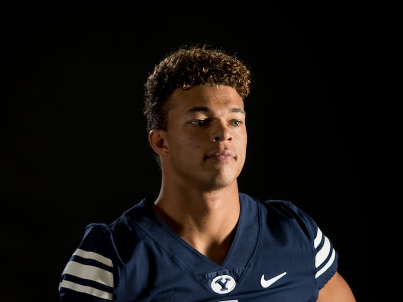 Quarterback Jaren Hall poses for a photo at BYU’s Indoor Practice Facility in Provo on Wednesday, Aug. 8, 2018. Hall became the first African American to start at quarterback for BYU in 2019 and is now in a derby with Zach Wilson and Baylor Romney to be the Cougars’ starter in 2020.