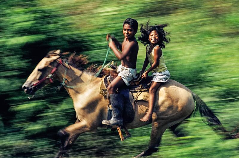 "Chiapas Racers," by Don Barletti. Barletti, of the Los Angeles Times, followed people emigrating from Central American. While aboard a train, two children on horseback appeared in the forest, racing the train. It brought a rare moment of joviality to the