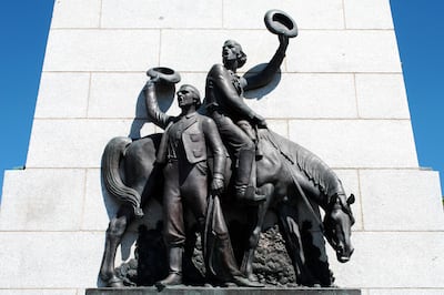 Among the statuary and tableaux on This Is the Place Monument is this scene depicting the arrival – and celebratory “hosannas” and hat-waving – of trail scouts Orson Pratt and Erastus Snow. They were the first Mormon pioneers to enter the Salt Lake Valley