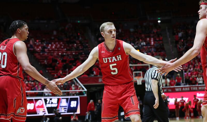 Utah Utes guard Parker Van Dyke (5) celebrates one of his three pointers in Salt Lake City on Thursday, Feb. 14, 2019.