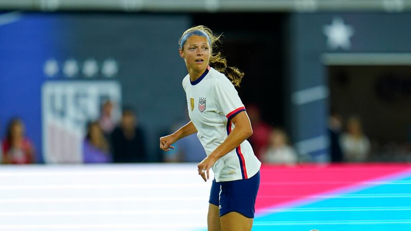 United States’ Ashley Hatch during the second half of an international friendly soccer match against Nigeria, Tuesday, Sept. 6, 2022, in Washington. (AP Photo/Julio Cortez)
