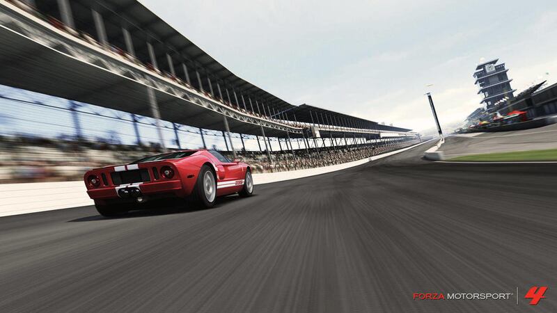 In this video game image released by Microsoft, a scen is shown from "Forza Motorsport 4" which features classic racetracks like the Indianapolis Motor Speedway.