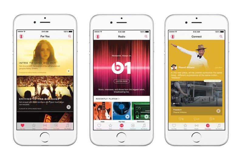 This combination of product images provided by Apple Inc. shows, from left, the "For You" section, the "Radio" section, and the "Connect" sections of the Apple Music app, displayed on an iPhone 6. Apple"™s new music service is a valiant effort to catch up