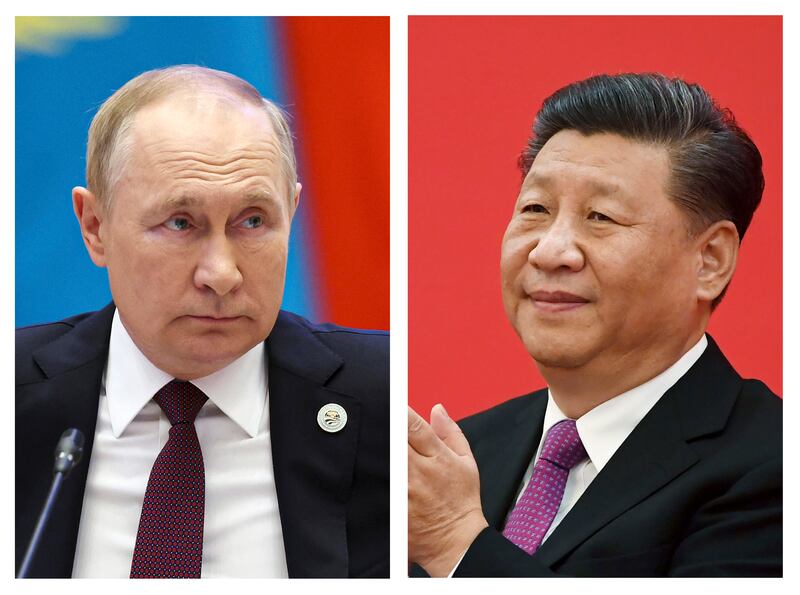This combination photo shows Russian President Vladimir Putin in Samarkand, Uzbekistan, and China’s President Xi Jinping in Beijing.