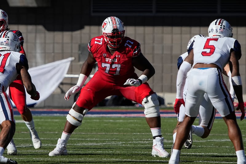 Utah offensive lineman Bamidele Olaseni in the first half during a game against Arizona, Saturday, Nov. 13, 2021, in Tucson, Ariz.
