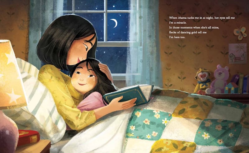 A mother hugs her daughter in an illustration from the book “Eyes That Kiss in the Corners.”