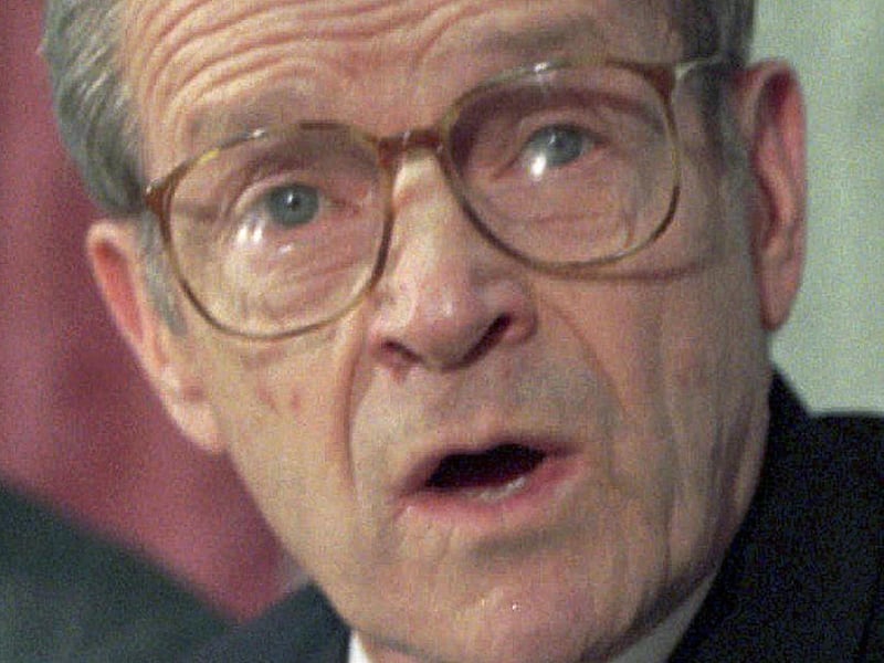 FILE - In this Nov. 4, 1995 file photo, Boston University President John Silber speaks during a news conference in Boston. Silber, who transformed Boston University during a quarter-century as president and mounted an unsuccessful run for governor of Mas