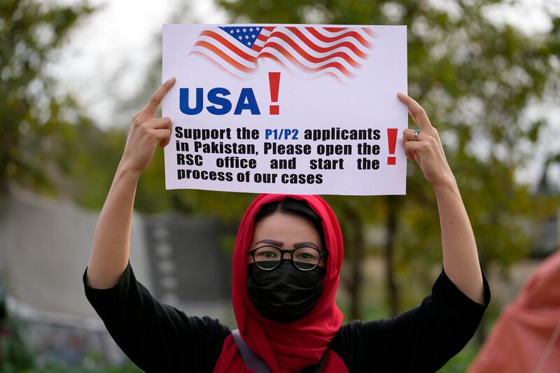 An Afghan refugee attends a rally demanding their U.S. visas to be processed in Islamabad, Pakistan, on Feb. 26, 2023.