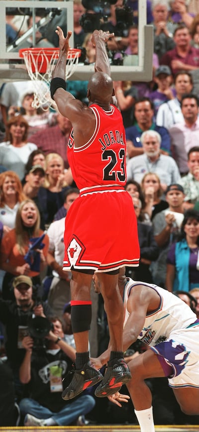 Michael Jordan's winning shot during Game 6 of the NBA Finals at the Delta Center, June 14, 1998.