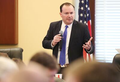 Sen. Mike Lee, R-Utah, meets with House Republicans during their caucus at the Capitol in Salt Lake City on Friday, March 1, 2019.