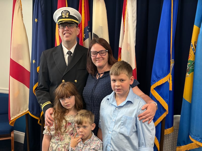 Lt. j.g. Drake Cottman stands with his wife, Shayli Cottman, and children, left to right, Gracie, Jack and Cole and Jack at graduation from Naval Chaplaincy School in Newport, Rhode Island, on Nov. 20, 2025.