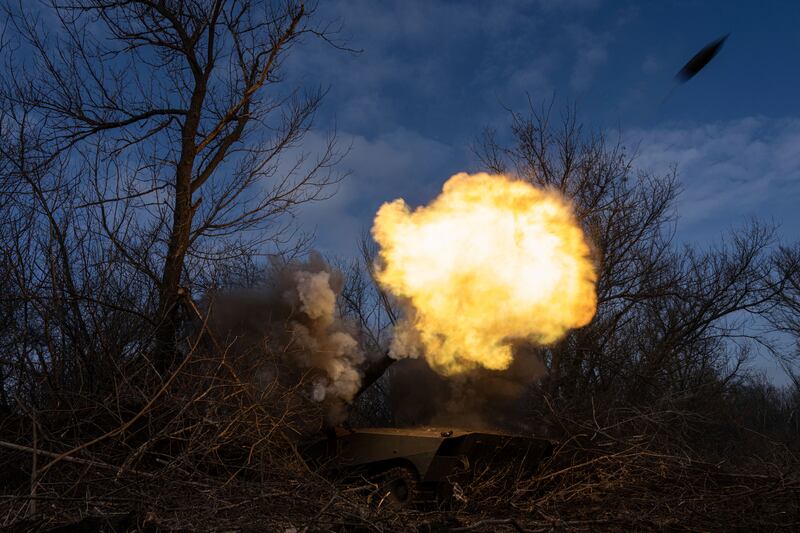 Ukrainian self propelled howitzer 2s1 of 80 Air Assault brigade fires towards Russian forces at the frontline near Bakhmut, Ukraine.