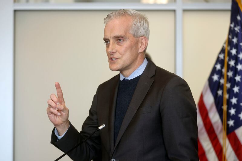 Denis McDonough, secretary of veterans affairs, speaks during a press conference in Salt Lake City on Feb. 23, 2022.