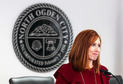 Jennie Taylor, widow of North Ogden Mayor Maj. Brent Taylor, holds back tears as she talks about her husbands death during a press conference held by the Stephen Siller Tunnel to Towers Foundation at the North Ogden Municipal Building on Thursday, Jan. 3,