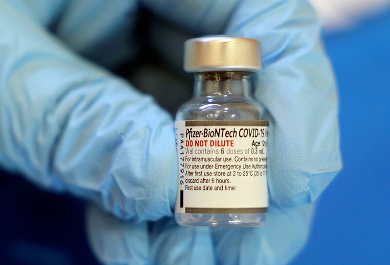 A bottle of Pfizer-BioNTech COVID-19 vaccine is pictured at a vaccine clinic in Salt Lake City.