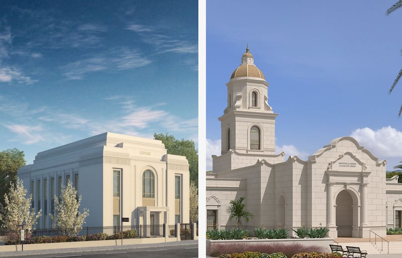 Exterior renderings of the Vienna Austria Temple, left, and Culiacán Mexico Temple, right.