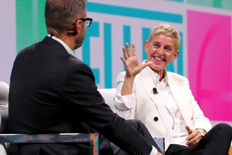 Aaron Skonnard, Pluralsight CEO, chats with Ellen DeGeneres at the 2019 Pluralsight LIVE user conference.