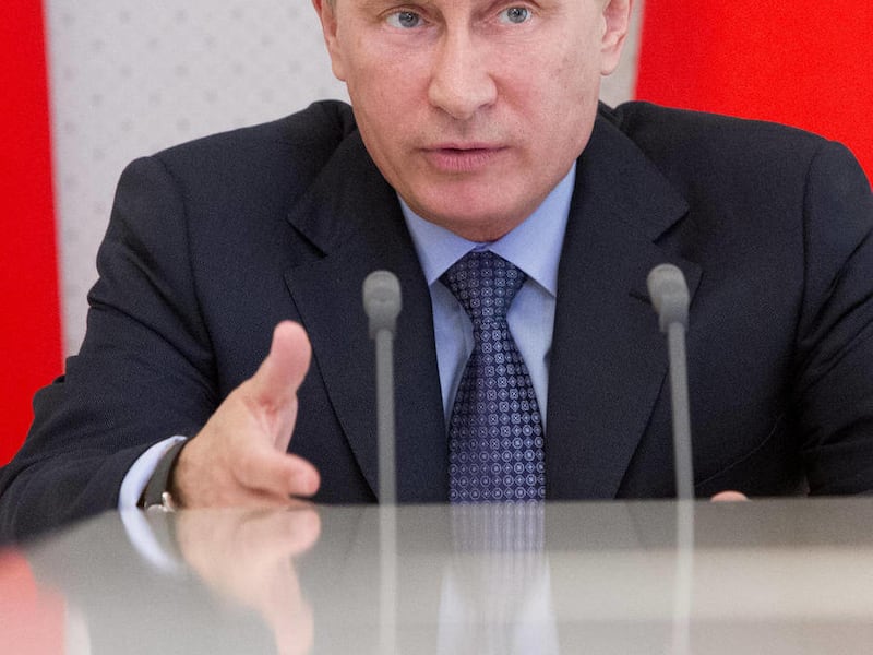President Vladimir Putin speaks during a meeting on energy issues in Russia's Economy, at the Bocharov Ruchei residence in the Black Sea resort of Sochi, Russia, Monday, May 20, 2013.
