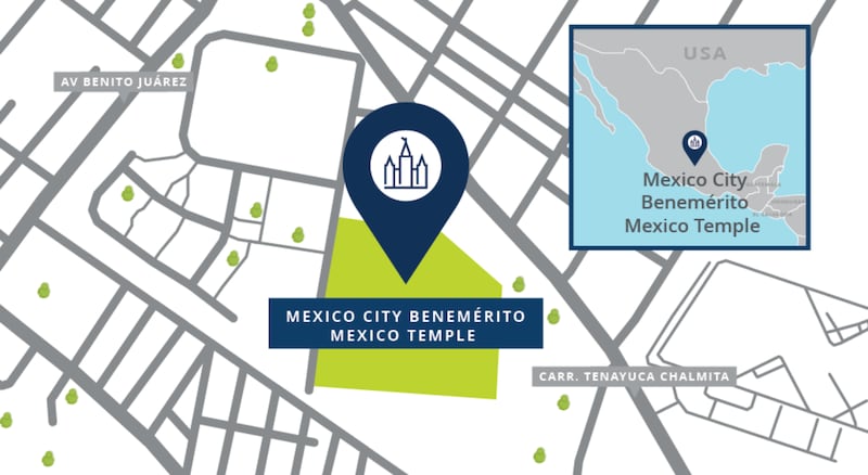 Map shows the location of the planned Mexico City Benemérito Mexico Temple of The Church of Jesus Christ of Latter-day Saints.