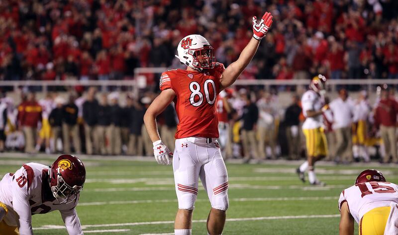 Utah Utes tight end Brant Kuithe signals a first down after catching a pass against the USC Trojans during NCAA football in Salt Lake City on Saturday, Oct. 20, 2018.