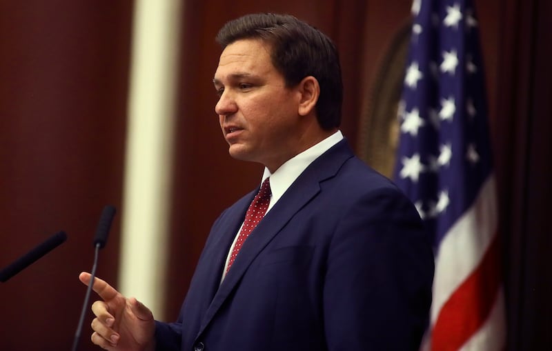 Florida Gov. Ron DeSantis speaks on Tuesday, March 2, 2021, during his State of the State address in Tallahassee, Fla.