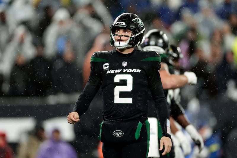 New York Jets quarterback Zach Wilson reacts after play against Jacksonville on Dec. 22, 2022, in East Rutherford, N.J.