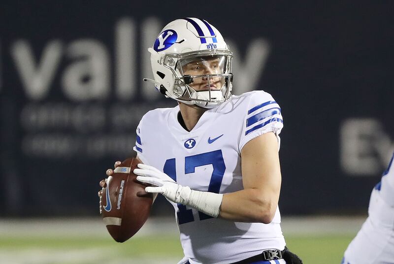 BYU Cougars quarterback Jacob Conover (17) looks to pass in Logan on Friday, Oct. 1, 2021.