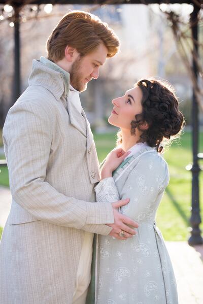 Cleveland McKay Nicoll as Edward Ferrars, left, and Malia Mackay as Elinor Dashwood, right, (T/Th/S) in Hale Center Theater Orem's "Sense and Sensibility," which runs through June 2.