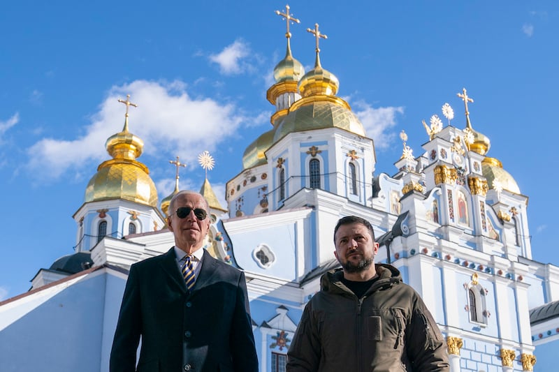 President Joe Biden walks with Ukrainian President Volodymyr Zelenskyy during a visit on Feb. 20, 2023, in Kyiv.