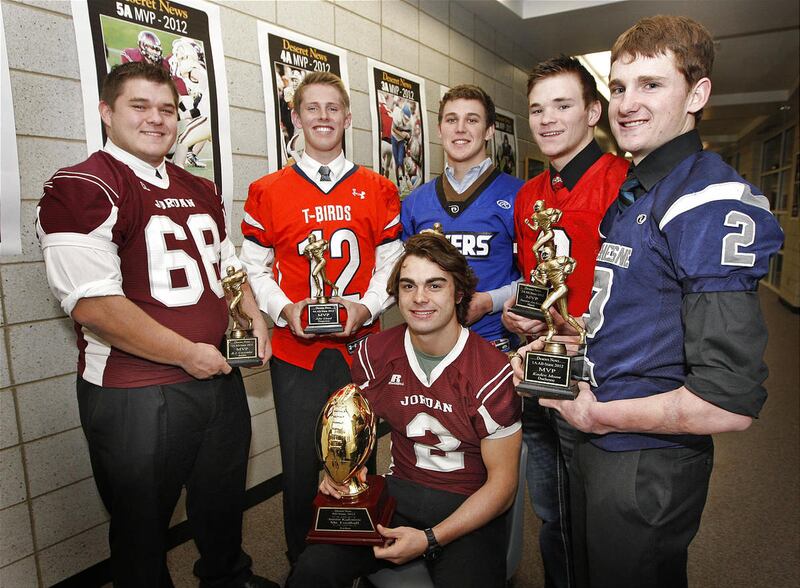 Mr. Football (Austin Kafentzis, Jordan), center,, 5A MVP (B.J. Cavender, Jordan), 4A MVP (Jake Lloyd, Timpview), 3A MVP (Blake Barney, Dixie), 2A MVP (Austin Jackson, Manti), 1A MVP (Kaden Moon, Duchesne) left to right, at the All-State football awards c