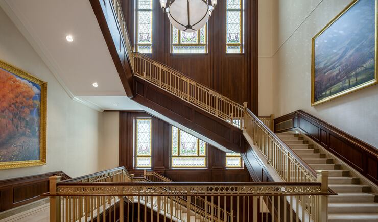 The main staircase of the Deseret Peak Utah Temple.
