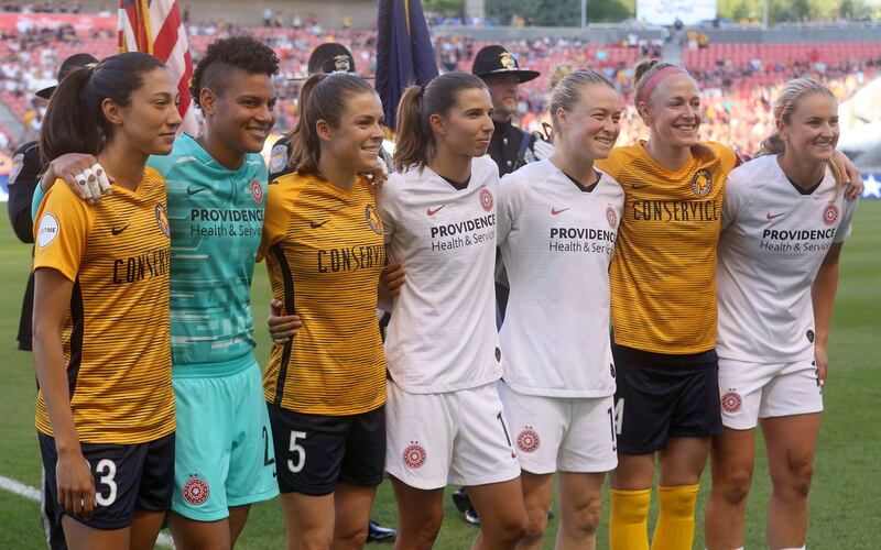 Members of the U.S. Women's National Soccer Team are honored before the Utah Royals FC play the Portland Thorns FC in a soccer game at Rio Tinto Stadium in Sandy on Friday, July 19, 2019. The final score was 2-2.