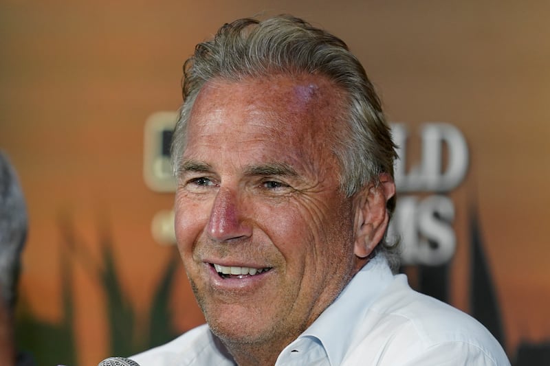 Actor Kevin Costner speaks during a news conference before a baseball game in Iowa.