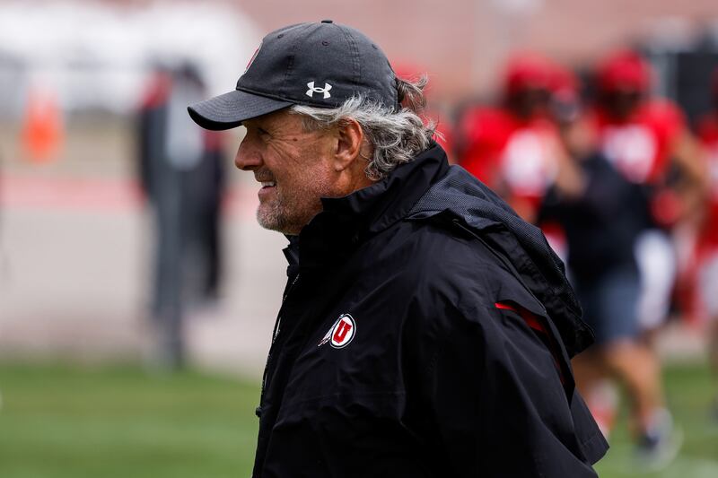 Utah football coach Kyle Whittingham looks on during a spring practice at the University of Utah in Salt Lake City.