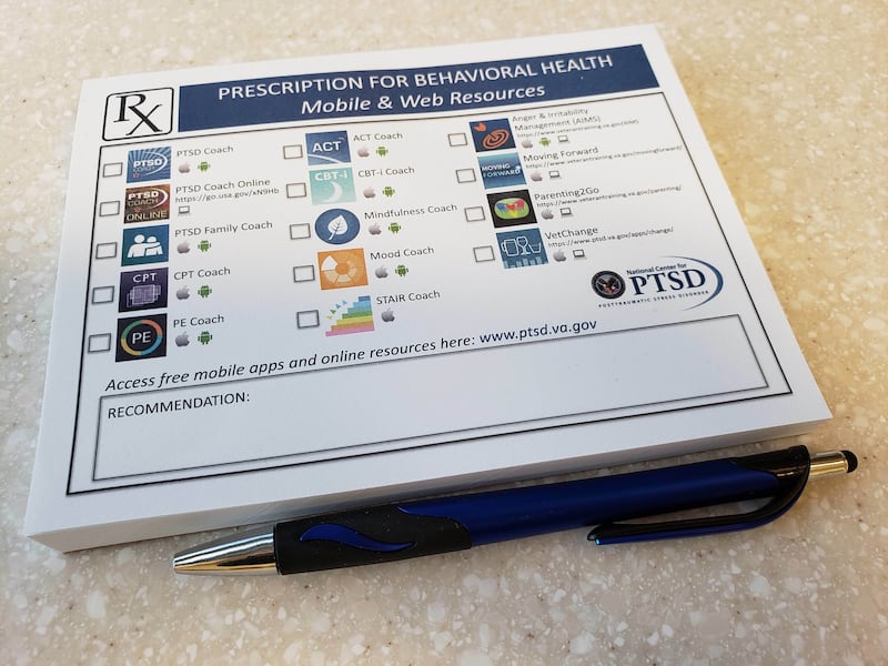 This "app prescription pad" was designed by the National Center for PTSD so providers like Steven Chan, a psychiatrist with the VA Palo Alto Health Care System, can recommend safe and effective mental health apps to his clients. Here's their list: https:/