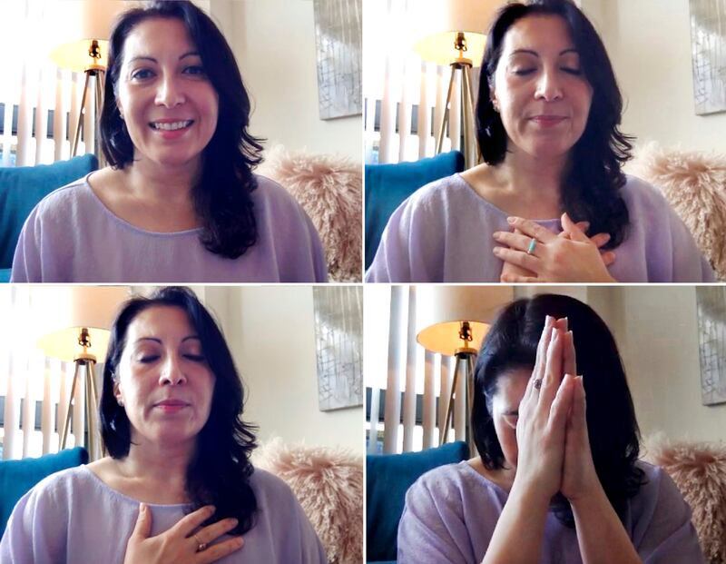 In this combination of frame grabs from journalist Donna Borak’s March, 17, 2020, online meditation session she hosted over Zoom, she leads a group to help ease the stress of isolation from Washington. Borak decided to share her skills in both the practice of meditation and yoga to help those in quarantine recharge and reconnect. (Courtesy of Donna Borak via AP)