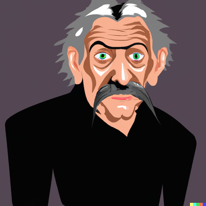 “A tall old man with a long white mustache, wearing all black, with sharp white teeth and pointy ears, realistic.”