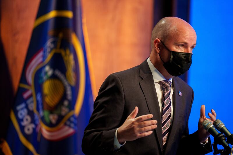 Gov. Spencer Cox speaks during his monthly news conference at PBS Utah at the Eccles Broadcast Center in Salt Lake City.