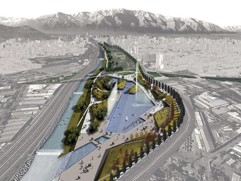 In this undated computer generated image released by Boza Arquitectos, a graphic shows a river project called Mapocho Navigable, or Navigatable Mapocho. Chile's President Sebastian Pinera is determined to fulfill an old dream; Turning the river that now c