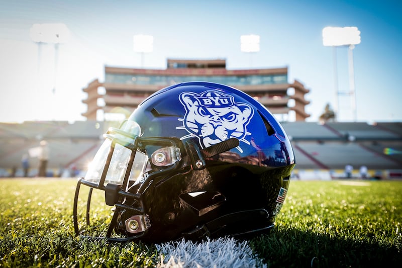 For BYU’s matchup against SMU in the New Mexico Bowl, the Cougars will wear the blue-to-black gradient helmet they wore earlier this year against Notre Dame, with a twist — the school’s Sailor Cougar logo will replace the traditional Stretch Y logo on the side.