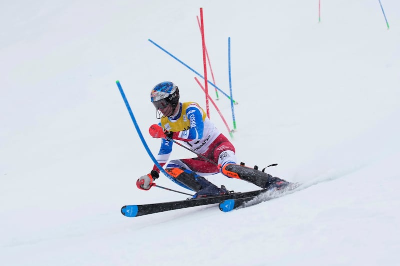 France’s Clement Noel competes during a men’s World Cup slalom skiing race on Feb. 26, 2023, in Olympic Valley, Calif.