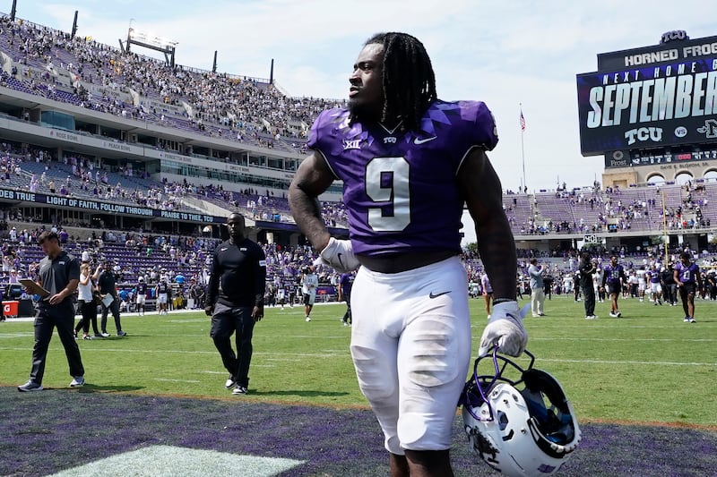 TCU running back Emani Bailey (9) walks off the field after a college football game against Colorado on Sept. 2, 2023.