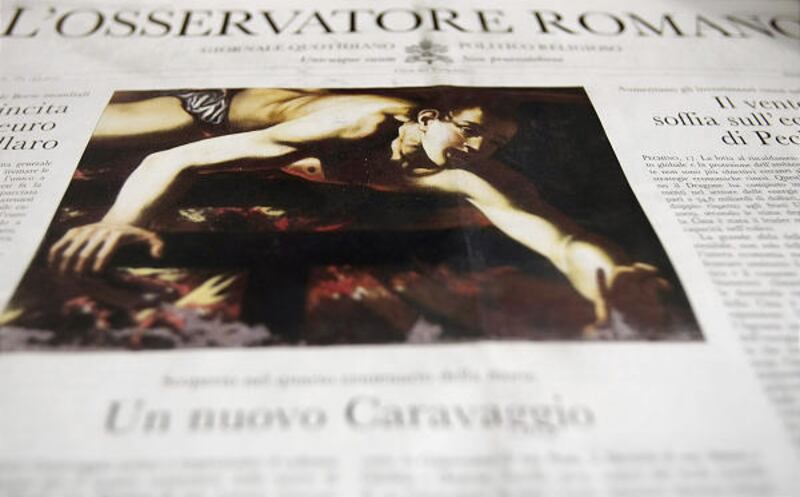 The front page of the Vatican newspaper L'Osservatore Romano, pictured in Rome, July 17, 2010. The newspaper has reported Saturday that a new Caravaggio painting may have been found in Rome, but cautioned that further analyses are required to ascertain wh
