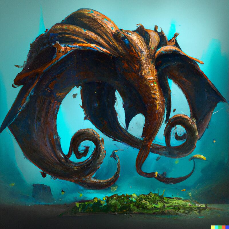 “A monster of vaguely anthropoid outline, but with an octopus-like head whose face was a mass of feelers, a scaly, rubbery-looking body, prodigious claws on hind and fore feet, and long, narrow wings behind, digital art.”