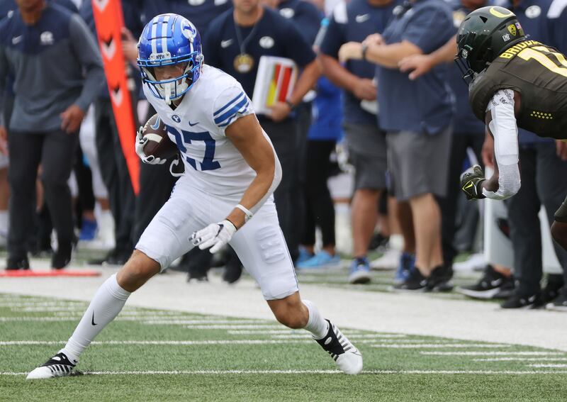 BYU wide receiver Chase Roberts runs after a catch against Oregon at Autzen Stadium in Eugene on Saturday, Sept. 17, 2022.