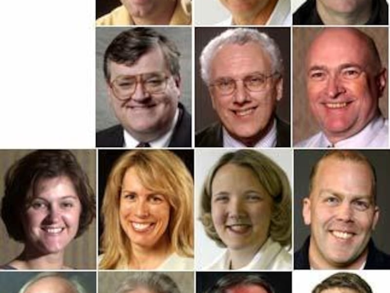 Row 1: Jeff Allred, Tom Smart, Bob Noyce; Row 2: Lee Davidson, Chris Hicks, Jerry Johnston; Row 3: Jennifer Dobner, Lucy Dillion Kinkead, Leigh Dethman, Pat Reavy; Row 4: Brad Rock, Dick Harmon, Mike Sorensen, Loren Jorgensen