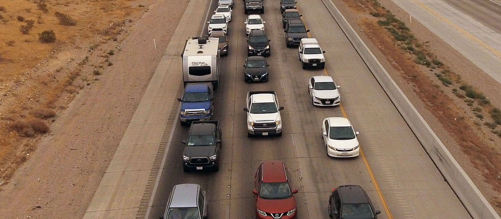 Southbound I-15 traffic builds at Primm, Nev., over the Labor Day weekend in 2020.