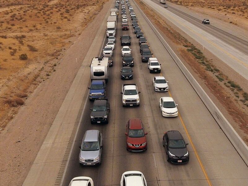 Southbound I-15 traffic builds at Primm, Nev., over the Labor Day weekend in 2020.